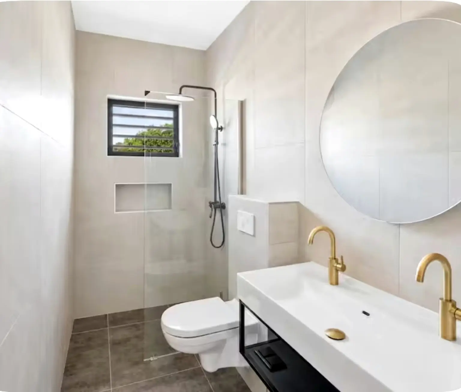 Second bathroom perspective with shower and vanity
